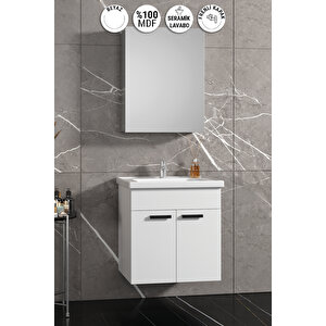 Çiğdem Kulplu 55 Cm Beyaz Mdf Seramik Lavabolu Asma Banyo Dolabı Takımı