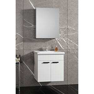Çiğdem Kulplu 55 Cm Beyaz Mdf Seramik Lavabolu Asma Banyo Dolabı Takımı