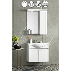 Lilyum 65 Cm Beyaz Mdf Pk-109 Balon Kapak Seramik Lavabolu Asma Banyo Dolabı Takımı