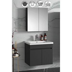 Çiğdem 65 cm Antrasit Gri Mat MDF Seramik Lavabolu Asma Banyo Dolabı Takımı