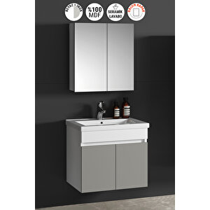 Çiğdem 55 Cm Beyaz-i̇nox Balon Mdf Seramik Lavabolu Asma Banyo Dolabı Takımı 55 cm