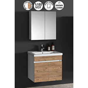 Çiğdem 65 cm Beyaz-Atlantik Çam MDF Seramik Lavabolu Asma Banyo Dolabı Takımı 65 cm