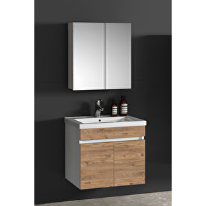 Çiğdem 65 cm Beyaz-Atlantik Çam MDF Seramik Lavabolu Asma Banyo Dolabı Takımı 65 cm