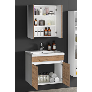 Çiğdem 65 cm Beyaz-Atlantik Çam MDF Seramik Lavabolu Asma Banyo Dolabı Takımı 65 cm