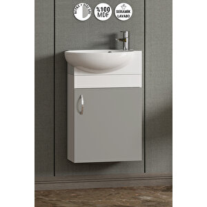 Lale 45 Cm Beyaz-sis Gri Mdf Seramik Lavabolu Asma Alt Banyo Dolabı