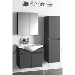 Yıldız 65+35 Cm Antrasit Gri Mat Mdf Seramik Lavabolu Sepetli Asma Banyo Dolabı Takımı