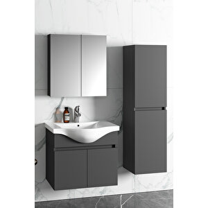 Yıldız 65+35 Cm Antrasit Gri Mat Mdf Seramik Lavabolu Sepetli Asma Banyo Dolabı Takımı