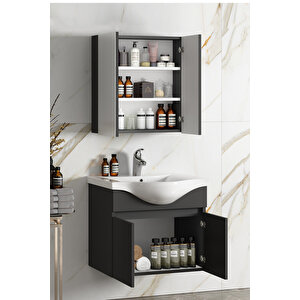 Yıldız 65+35 Cm Antrasit Gri Mat Mdf Seramik Lavabolu Sepetli Asma Banyo Dolabı Takımı