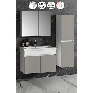 Çiğdem 80+35 Cm Beyaz-i̇nox Balon Mdf Seramik Lavabolu Asma Banyo Dolabı Takımı