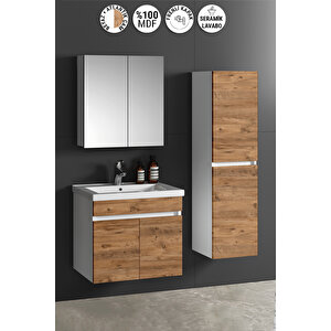 Çiğdem 65+35 cm Beyaz-Atlantik Çam MDF Seramik Lavabolu Asma Banyo Dolabı Takımı 65 cm