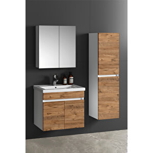 Çiğdem 65+35 cm Beyaz-Atlantik Çam MDF Seramik Lavabolu Asma Banyo Dolabı Takımı 65 cm