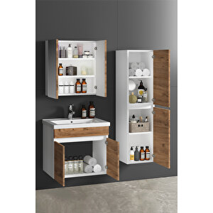 Çiğdem 65+35 cm Beyaz-Atlantik Çam MDF Seramik Lavabolu Asma Banyo Dolabı Takımı 65 cm