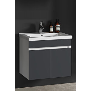 Çiğdem 55 Cm Beyaz-antrasit Gri Mat Mdf Seramik Lavabolu Asma Banyo Alt Dolabı