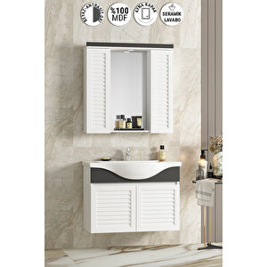 Lilyum 80 Cm Beyaz-antrasit Gri Mat Mdf Panjur Balon Kapak Seramik Lavabolu Asma Banyo Dolabı Takımı