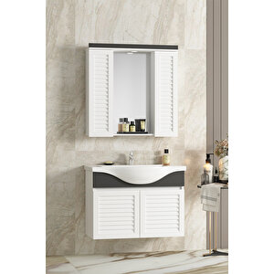 Lilyum 80 Cm Beyaz-antrasit Gri Mat Mdf Panjur Balon Kapak Seramik Lavabolu Asma Banyo Dolabı Takımı