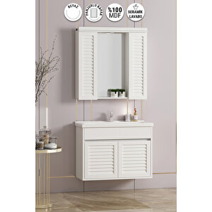 Çuha 80 Cm Beyaz Mdf Panjurlu Balon Kapak Seramik Lavabolu Asma Banyo Dolabı Takımı