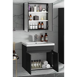 Çiğdem 55+35 Cm Antrasit Gri Mat Mdf Seramik Lavabolu Sepetli Asma Banyo Dolabı Takımı