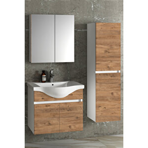 Yıldız 65+35 Cm Beyaz-atlantik Çam Mdf Seramik Lavabolu Asma Banyo Dolabı Takımı