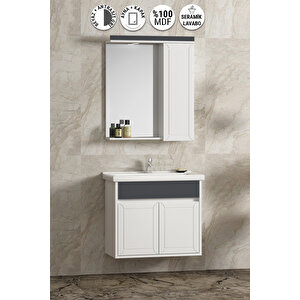 Çuha 65 Cm Beyaz-antrasit Gri Mat Mdf Pk-109 Balon Kapak Seramik Lavabolu Asma Banyo Dolabı Takımı