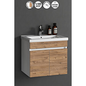 Çiğdem 65 Cm Beyaz -atlantik Çam Mdf Seramik Lavabolu Asma Banyo Alt Dolabı 65 cm
