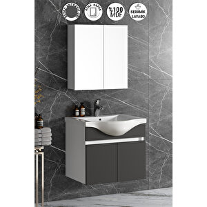 Yıldız 65 Cm Beyaz-antrasit Gri Mat Mdf Seramik Lavabolu Asma Banyo Dolabı Takımı
