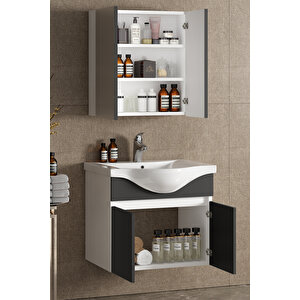 Yıldız 65 Cm Beyaz-antrasit Gri Mat Mdf Seramik Lavabolu Asma Banyo Dolabı Takımı