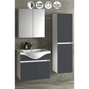 Yıldız 55+35 Cm Beyaz-antrasit Gri Mat Mdf Seramik Lavabolu Asma Banyo Dolabı Takımı 55 cm