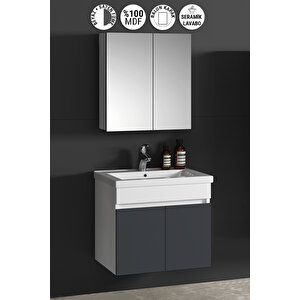 Çiğdem 65 cm Beyaz-Füme Balon MDF Seramik Lavabolu Asma Banyo Dolabı Takımı