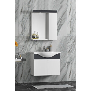 Yıldız 65 Cm Beyaz-antrasit Gri Mat Mdf Seramik Lavabolu Asma Banyo Dolabı Takımı
