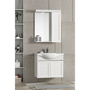 Lilyum 65 Cm Beyaz Mdf Panjurlu Balon Kapak Seramik Lavabolu Asma Banyo Dolabı Takımı