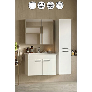 Petunya 75+167 Cm Beyaz Mdf Seramik Lavabolu Asma Banyo Dolabı Takımı 75 cm
