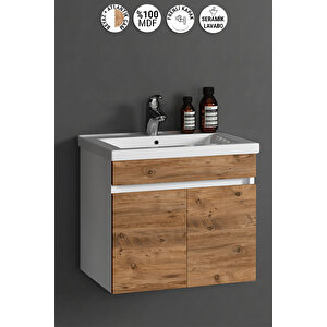 Çiğdem 55 cm Beyaz-Atlantik Çam MDF Seramik Lavabolu Asma Banyo Alt Dolabı 55 cm