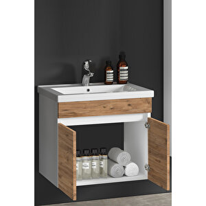 Çiğdem 55 cm Beyaz-Atlantik Çam MDF Seramik Lavabolu Asma Banyo Alt Dolabı 55 cm