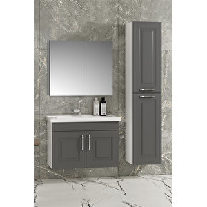 Salkım 80+35 Cm Beyaz-füme Balon Mdf Seramik Lavabolu Asma Banyo Dolabı Takımı