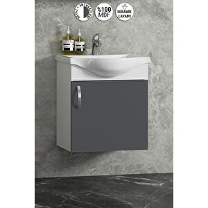 Yıldız 45 Cm Beyaz-antrasit Gri Mat Mdf Seramik Lavabolu Asma Banyo Dolabı Takımı 45 cm