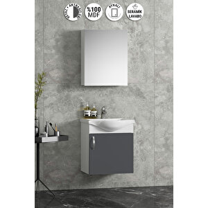 Yıldız 45 Cm Beyaz-antrasit Gri Mat Mdf Seramik Lavabolu Asma Banyo Alt Dolabı