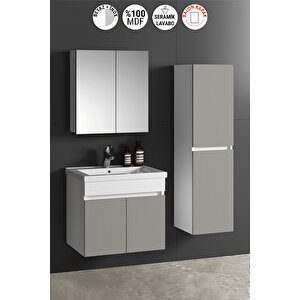 Çiğdem 55+35 cm Beyaz-İnox Balon MDF Seramik Lavabolu Sepetli Asma Banyo Dolabı Takımı 55 cm