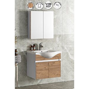 Yıldız 65 Cm Beyaz-atlantik Çam Mdf Seramik Lavabolu Asma Banyo Dolabı Takımı
