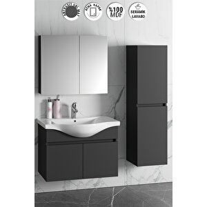 Yıldız 80+35 Cm Antrasit Gri Mat Mdf Seramik Lavabolu Sepetli Asma Banyo Dolabı Takımı