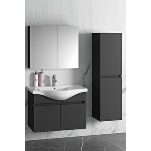 Yıldız 80+35 Cm Antrasit Gri Mat Mdf Seramik Lavabolu Sepetli Asma Banyo Dolabı Takımı