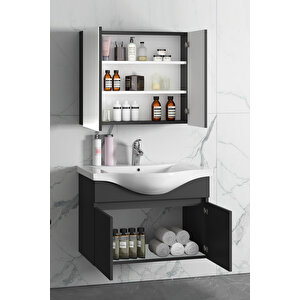 Yıldız 80+35 Cm Antrasit Gri Mat Mdf Seramik Lavabolu Sepetli Asma Banyo Dolabı Takımı