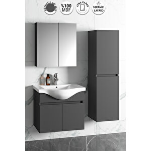 Yıldız 55+35 Cm Antrasit Gri Mat Mdf Seramik Lavabolu Sepetli Asma Banyo Dolabı Takımı