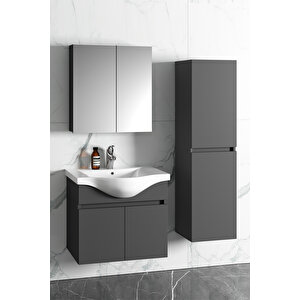Yıldız 55+35 Cm Antrasit Gri Mat Mdf Seramik Lavabolu Sepetli Asma Banyo Dolabı Takımı