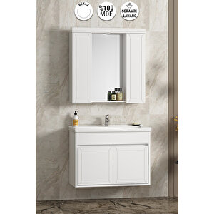 Çuha 80 Cm Beyaz Mdf Pk-109 Balon Kapak Seramik Lavabolu Asma Banyo Dolabı Takımı