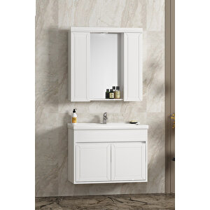 Çuha 80 Cm Beyaz Mdf Pk-109 Balon Kapak Seramik Lavabolu Asma Banyo Dolabı Takımı