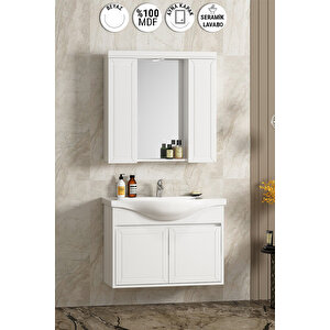 Lilyum 80 Cm Beyaz Mdf Pk-109 Balon Kapak Seramik Lavabolu Asma Banyo Dolabı Takımı