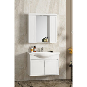 Lilyum 80 Cm Beyaz Mdf Pk-109 Balon Kapak Seramik Lavabolu Asma Banyo Dolabı Takımı
