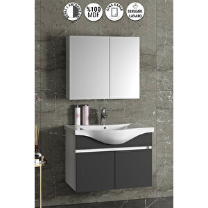 Yıldız 80 Cm Beyaz-antrasit Gri Mat Mdf Seramik Lavabolu Asma Banyo Dolabı Takımı
