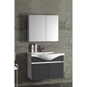 Yıldız 80 Cm Beyaz-antrasit Gri Mat Mdf Seramik Lavabolu Asma Banyo Dolabı Takımı