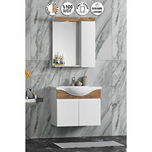 Yıldız 65 Cm Beyaz-atlantik Çam Mdf Seramik Lavabolu Asma Banyo Dolabı Takımı